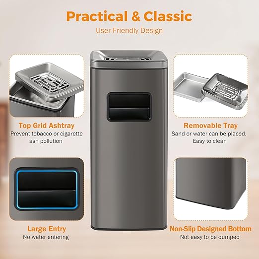 BEAMNOVA Trash Can Indoor Outdoor Stainless Steel Commercial Garbage Can Brushed Industrial Garbage Enclosure Inside Cabinet with Lid Waste Container, Metallic Black, 11.8 * 9.8 * 26.8 in