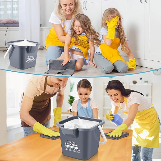 Vesici 6 Sets 3 Quart Cleaning Bucket with Microfiber Cleaning Cloths Small Sanitizing Square Bucket Detergent Plastic Utility Pail with Handle for Household Restaurant Office School Use (Gray)