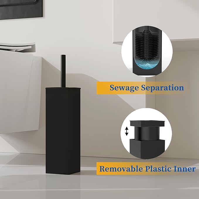 RUACQ Toilet Brush and Holder Set 2pcs,Square Toilet Bowl Brush for Bathroom with 304 Stainless Steel Handle Toilet Cleaner Brush with Durable Scrubbing Bristles,Splash-Proof (Matte Black)