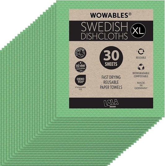 LOLA Wowables XL Swedish Dishcloths, 30 Reusable Eco Cleaning Cloths, 11" x 10", Ultra Absorbent Cellulose Sponge Towel, Compostable, Made in Germany
