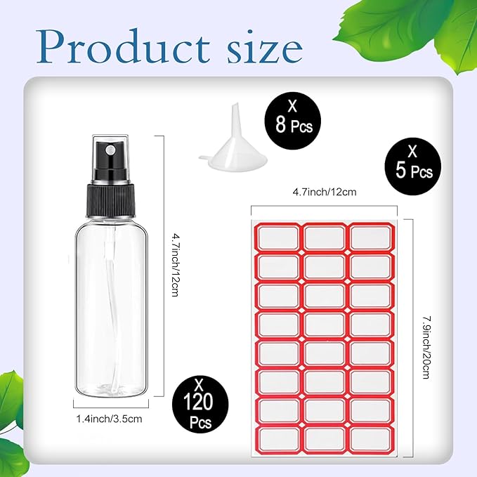 120 Pcs 2 oz Plastic Spray Bottles with Black Cap for Mini Spray Bottles, Clear Empty Fine Mist Liquid Container Refillable Sprayer for Essential Oils, Perfumes, Travel, Makeup