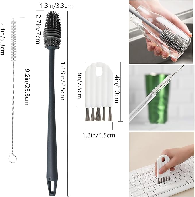 Bottle Cleaning Brush Set, Long Handle Silicone Cleaner Brushes + Lid Cup Brush +1pcs Scratch Free Silicone Bottle Cleaner and Bristle Wire Straw Cleaner, Dishwasher Safe(Gray)