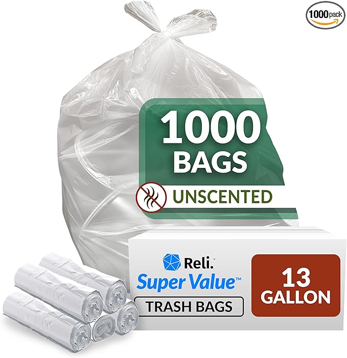 Reli. SuperValue 13 Gallon Trash Bags | 1000 Count Bulk | Tall Kitchen | Can Liners | Clear Multi-Use Garbage Bags