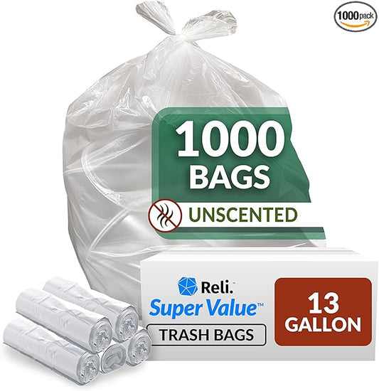 Reli. SuperValue 13 Gallon Trash Bags | 1000 Count Bulk | Tall Kitchen | Can Liners | Clear Multi-Use Garbage Bags