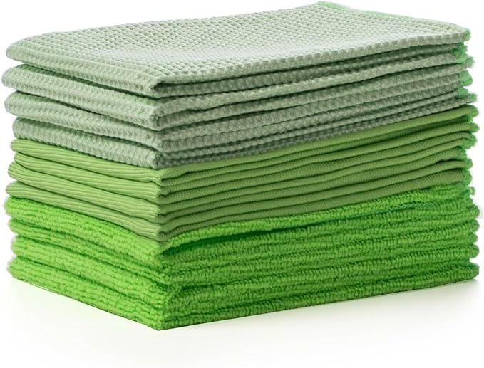 BINO Green Ombre 15x15 Inches Assorted Microfiber Cleaning Towel Set - Ultra Absorbent Cleaning Towels - All Purpose Microfiber Towels - 12 Pack