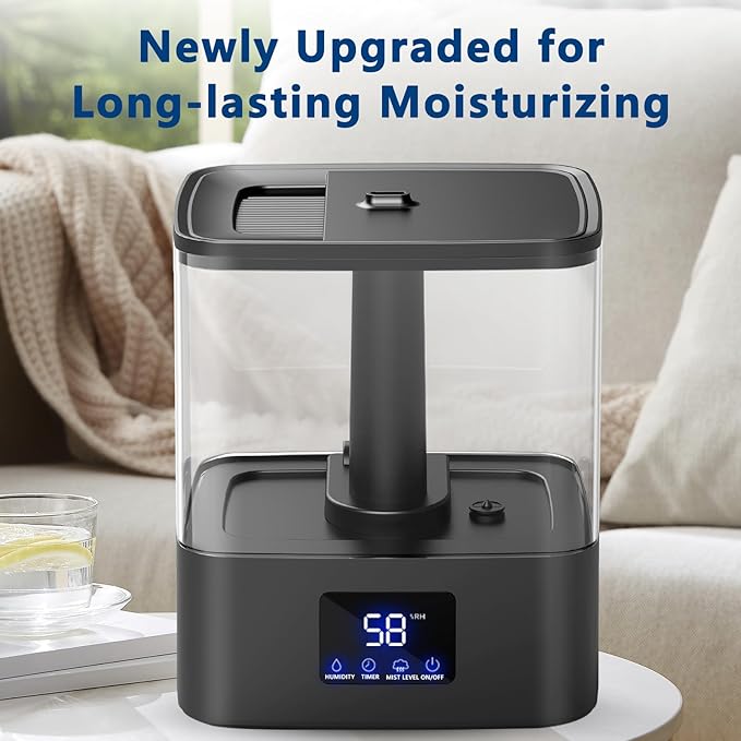 KZF 4L Top Fill Humidifiers for Bedroom & 60H Runtime - Cool Mist Humidifier, 3 Mist Levels, 8H Timer, Essential Oil Tray, Humidity Display, Quiet for Bedroom, Baby, Plants, Large Room