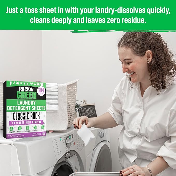 Rockin' Green Travel Laundry Detergent Sheets - Mess-Free Laundry Sheets Detergent Powerful Cleaning with Sodium Bicarbonate - Easily Dissolvable Laundry Soap Sheet (104 Loads, Lavender Mint Revival)