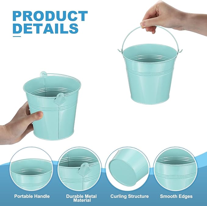 PATIKIL 5.1"x4.7" Small Metal Buckets with Handle, 12 Pcs Mini Galvanized Bucket Colorful Easter Buckets for Crafts Party Favors Decoration, Light Blue