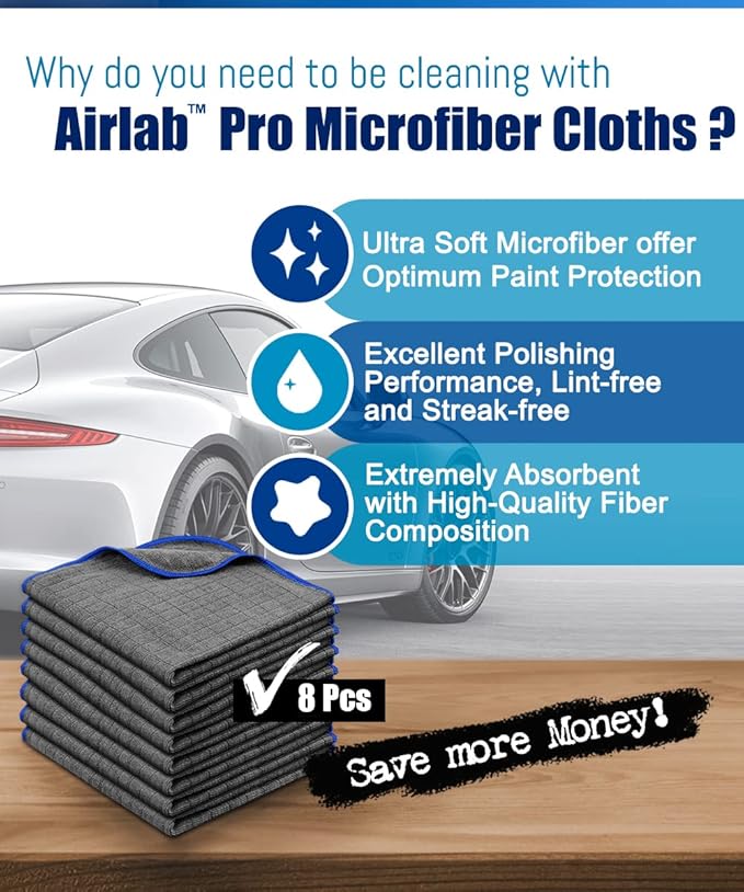 Airlab Microfiber Towels for Cars Wash Drying Auto Detailing, Highly Absorbent, Lint-Free, Streak-Free, All-Purpose Cleaning Cloths for Household, 16" x 16", Pack of 8, Grey