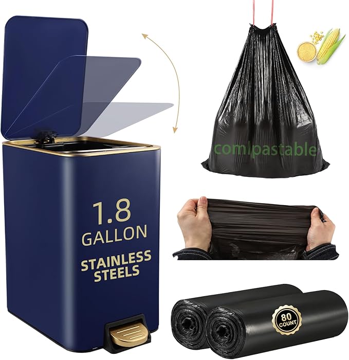 Small Bathroom Trash Can with Lid Soft Close, 1.8 Gallon Stainless Steel Garbage Can with Removable Inner Bucket,80Count Trash Bags, Slim Step Pedal Trash Bins