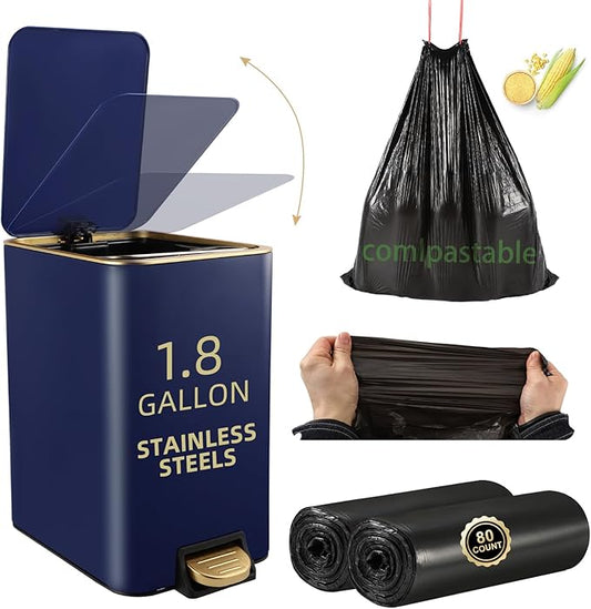 Small Bathroom Trash Can with Lid Soft Close, 1.8 Gallon Stainless Steel Garbage Can with Removable Inner Bucket,80Count Trash Bags, Slim Step Pedal Trash Bins