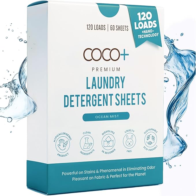 COCO+ Laundry Detergent Sheets - Nano-Concentrated with Enzymes, Hypoallergenic & Plant-Based - Deep Clean, Safe for Sensitive Skin - (120 Loads 60 Sheets) - Ocean Mist