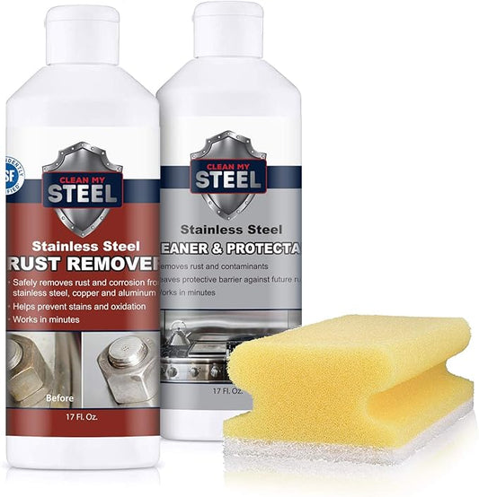 CLEAN MY STEEL Stainless Steel Rust Stain Remover, Protector & Cleaner Kit, Concentrated Formula, for Commercial Use, Appliances. Gloves & Sponge Included (17 oz)