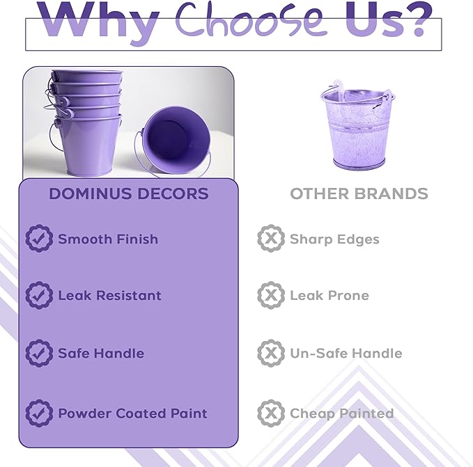 Small Metal Buckets with Handles - Leak-Proof Metal Pail Bucket - Galvanized Bucket with Handle - Multipurpose Tin Bucket for Party Favors, Organization, School, Weddings, Garden - Set of 6, Purple