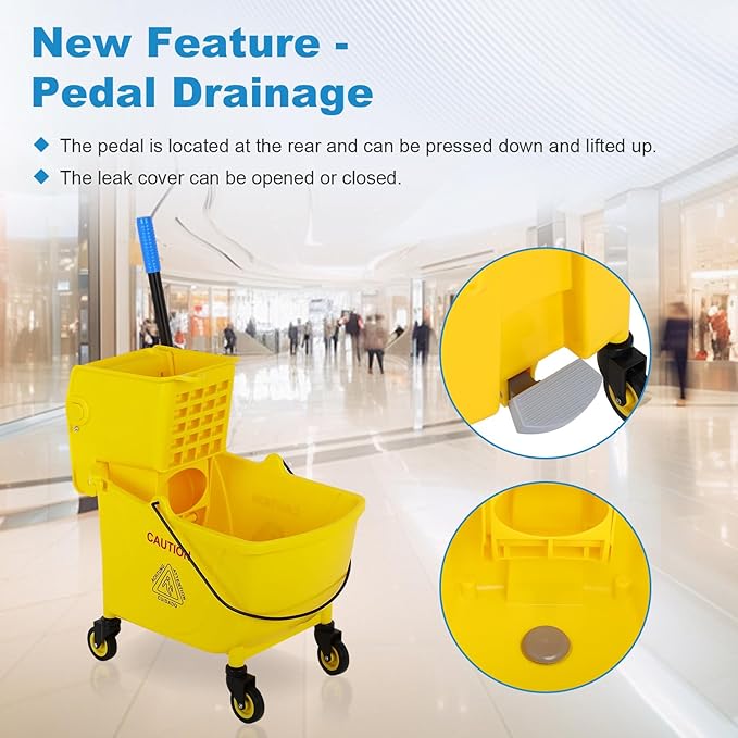 35 Qt Commercial Mop Bucket with Side Press Wringer on Wheels,Mop and Bucket Set, Add One Industrial Mop and One Mop Head Replacement