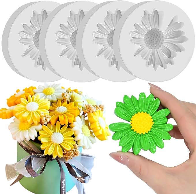 4 Pcs Daisy Flower Silicone Molds for Candles, 3D Flower Fondant Chocolate Cake Cupcake Topper Decoration Mold, DIY Tealight Candle Soap Wax Epoxy Resin Concrete Casting Polymer Clay Craft
