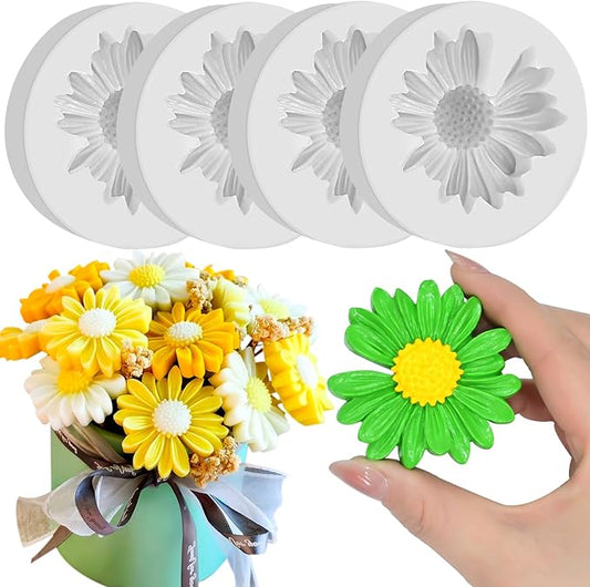 4 Pcs Daisy Flower Silicone Molds for Candles, 3D Flower Fondant Chocolate Cake Cupcake Topper Decoration Mold, DIY Tealight Candle Soap Wax Epoxy Resin Concrete Casting Polymer Clay Craft