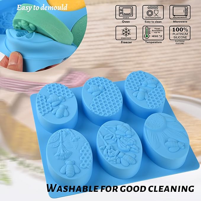 Sakolla 2 Pack 6 Cavity Bee Silicone Soap Molds Rectangle Oval Honeycomb Silicone Molds Loaf Handmade Molds for Soap Making Supplies DIY Wax Melts, Beeswax, Cake Chocolate Bakeware