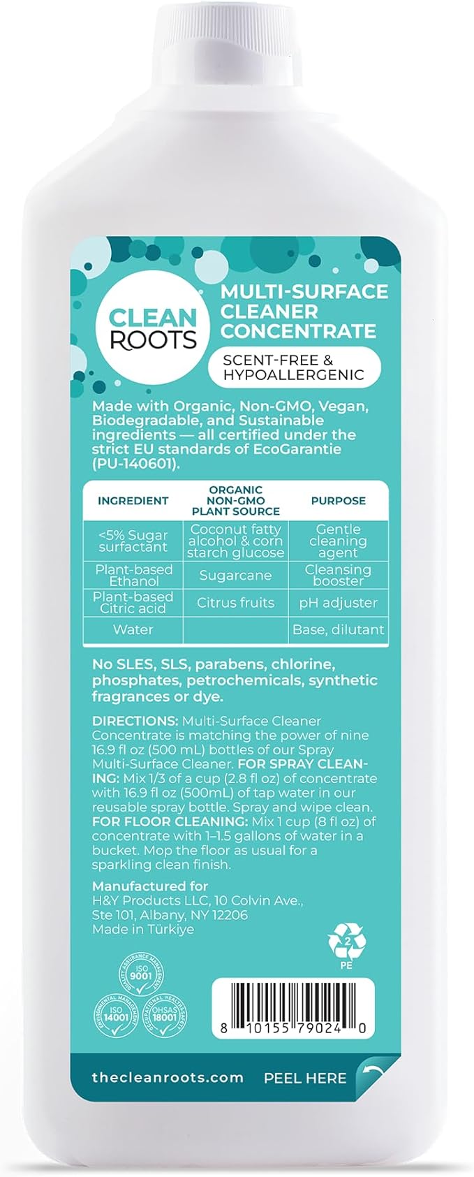 Multi-Surface Cleaner Concentrate – EcoGarantie Certified, 100% Plant-Based Formula, Made with Organic Ingredients, Scent-Free & Hypoallergenic – 25.3 fl oz (750 mL), Pack of 3