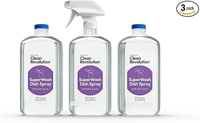 Clean Revolution SuperWash Dish Soap Starter Kit, Includes 3 18-Ounce Bottles One Trigger Sprayer, Compatible with Dawn Powerwash Sprayers, Spring Rain, Clear, 54 Fl Oz - Made in USA