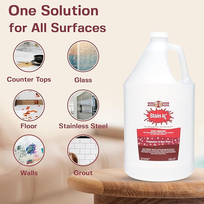Stain Remover, Effectively Eliminates Stains from Wine, Berries & Blood on Colorfast Fabrics, Carpets, Upholstery & Jewelry, Fragrance Bleach & Dye-Free, Peroxides & Phosphates, 1 Gallon