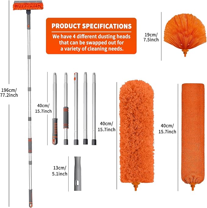 Ceiling Fan Cleaner Duster with 72‘’ Extendable Long Handle Cleaning Duster Kit, Reusable Chenille & Microfiber Mop Head for High Ceiling Fan Blade Wall Blinds Cobweb