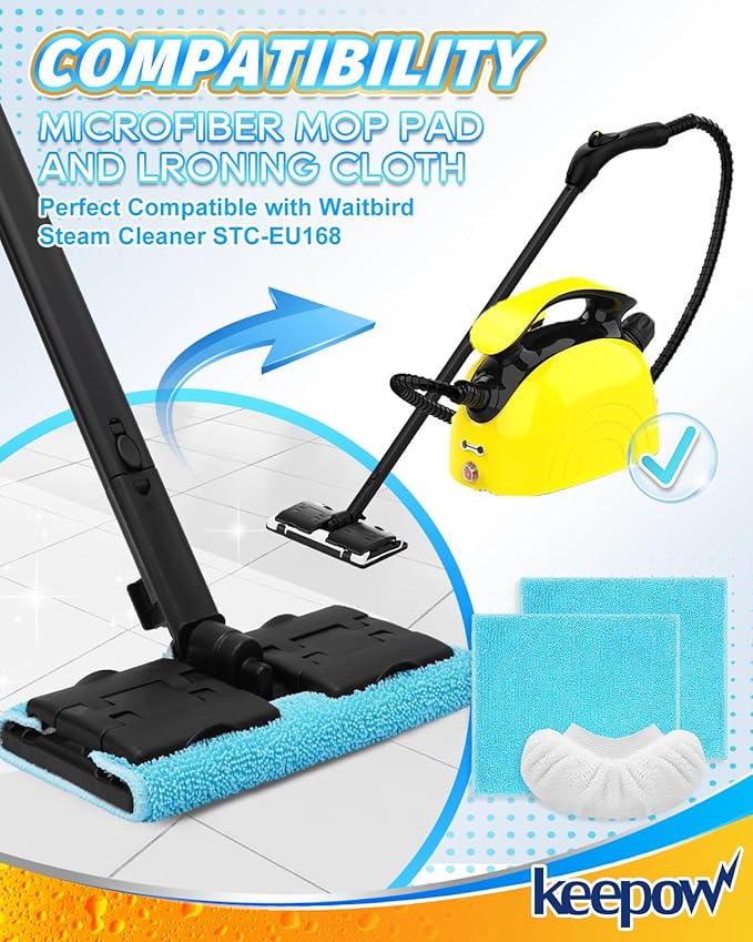 KEEPOW Reusable Microfiber Mop Pads Fit for Waitbird Steam Cleaner STC-EU168, 4 Pack Microfiber Cleaning Replacement Pads for Hardwood Floor Cleaning & 4 Pack Ironing Cloths, (Mop is Not Included)