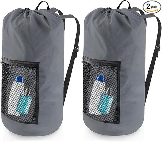Laundry Bag Backpack, 2PCS Extra Large Travel Laundry Bag with Mesh Pocket & Adjustable Shoulder Straps,Dirty Clothes Travel Bag for College Students Dorm,Apartment(Grey)