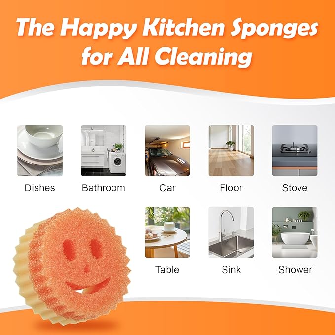 12 Colorful Smile Scrub Sponges, Temperature Controlled Dish Sponge, Double Sided Bulk Kitchen Sponges for Cleaning, Multi Functional Cleaning Sponge for Kitchen, Bathroom, Floor