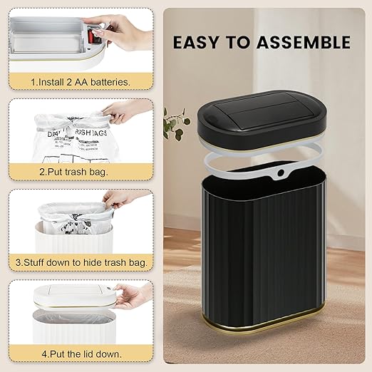 ELPHECO Bathroom Trash Can with Lid Butterfly, Motion Sensor Trash Can Bathroom Decor Automatic Garbage Can Wastebasket Bathroom Accessories, Kitchen, Living Room, Office, Black Gold