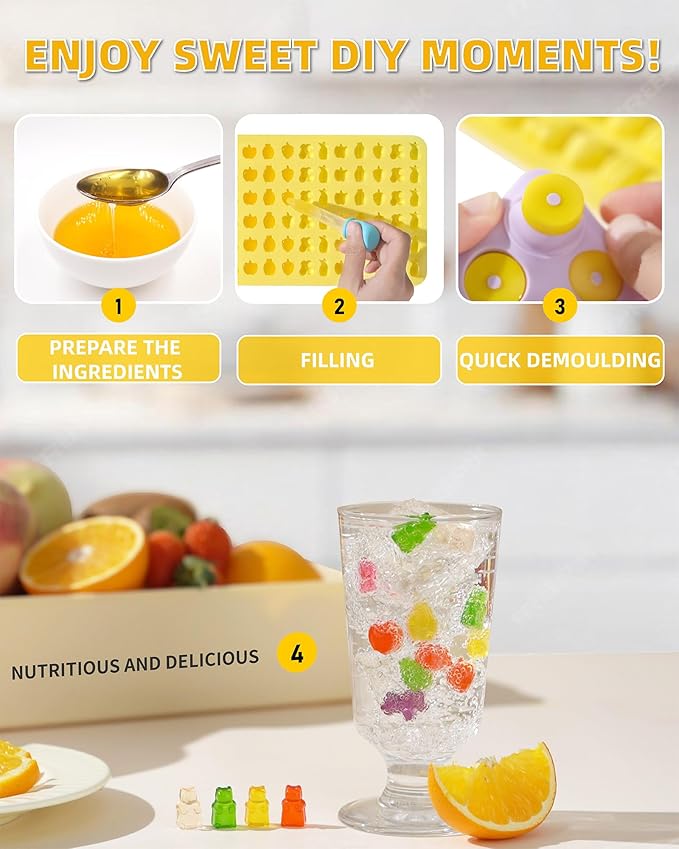 Silicone Gummy Molds Set of 5, Non-stick Candy Chocolate Molds with 2 Droppers 1 Clean Brush, Includes Dinosaur Bear Donut Fruit Heart Shape