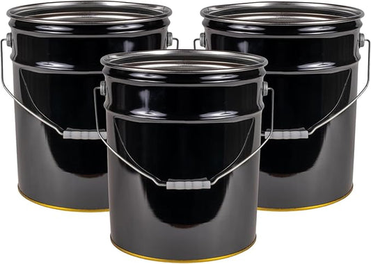 ATERET 5 Gallon Black Metal Bucket, Heavy Duty Durable Steel Open Head Pail with Handle for Outdoor and Household Use (3 Pack - Bucket Only)
