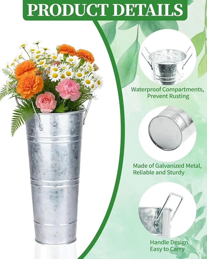 10 Inch Galvanized Flower Buckets - 8 PCS Galvanized Metal Vases for Flowers Tin Flower Holders for Home Decor Wedding Centerpieces Indoor Outdoor Use