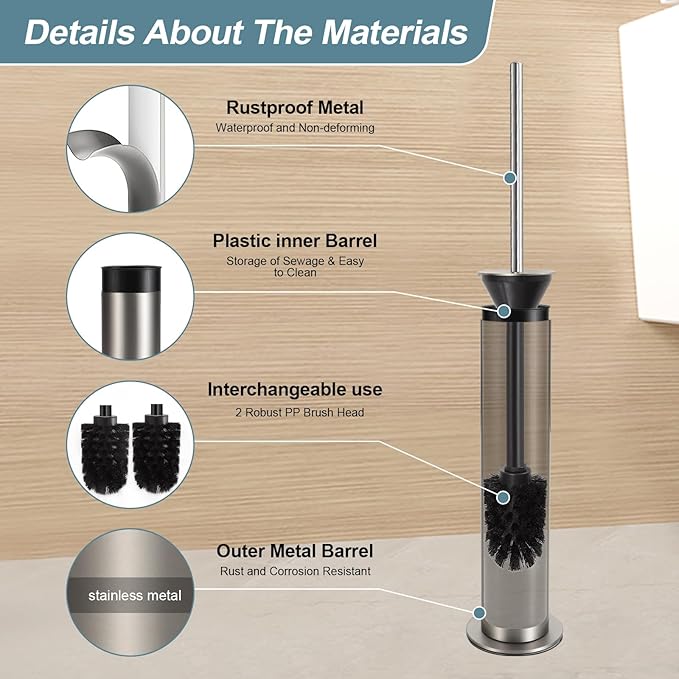 BGL Toilet Brush and Holder Set, Heavy Duty 304 Stainless Steel, Round Base and Long Handle for Bathroom Deep Cleaning, Drip-Proof, Space Saving for Storag, Stainless Steel
