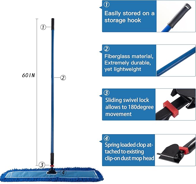 Matthew Cleaning Commercial Quick-Change Dust Mop Handle with Clip-on Metal Gripper for Heavy Duty Mop Head Replacement Holder, Fiberglass Handle 60 inch 6packs-Blue