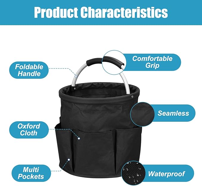 Cleaning Caddy with Handle, 17L Cleaning Supply Caddy Foldable Bucket Organizer Cleaning Products Organizers Cleaning Tools Bag 4.5 Gallon (Black)