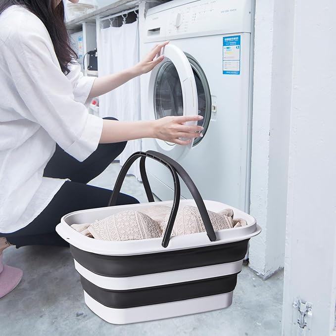 2.9 Gal(11 L) Collapsible Mop Bucket with Handle – Square Silicone Cleaning Bucket for Mopping, Car & Window Washing – Space-Saving Storage Organizer, Durable Plastic Bucket – Pair of Silicone Gloves