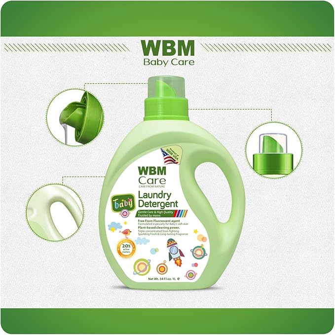 WBM Plant-Based Laundry Detergent Liquid – 34 fl oz, 50 loads total. Eco-friendly formula for powerful cleaning, gentle on fabrics, and safe for the environment