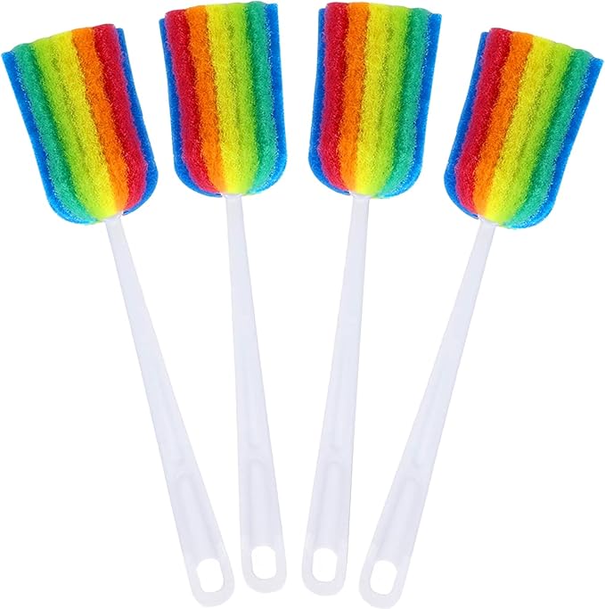 Bottle Brush Cleaner 4PCS Sponge Cleaning Brushes Long Handle Scouring Pad Scrub Brushes for Kitchen Clean Baby Bottle Glasses Mugs Cups (4 PCS)