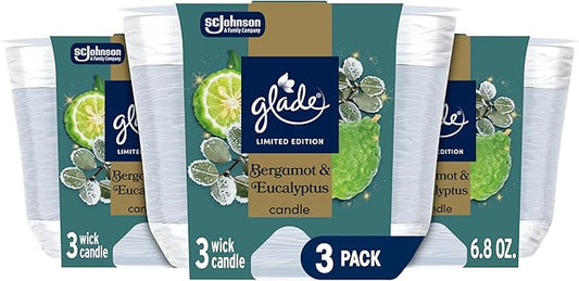 Glade 3-Wick Scented Candle Jar, Bergamot & Eucalyptus, Air Freshener Infused with Essential Oils, 6.8 Oz, 3 Count