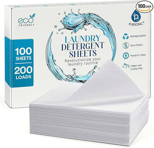 Pursonic Eco Laundry Detergent Sheets - 100 Sheet (200 Loads) Natural Zero Plastic Laundry Sheets with Powerful Cleaning Power - Travel Essentials, Quick-Dissolving & Mess-Free (Fresh Linen)