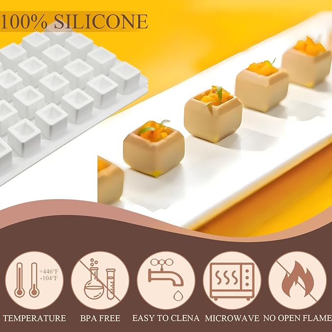 Small Square Chocolate Silicone Molds, 28-Cavity Mini Square Mousse Mold for Baking Square Cube Candy Desserts, 11.6" x 6.9" x 0.98"