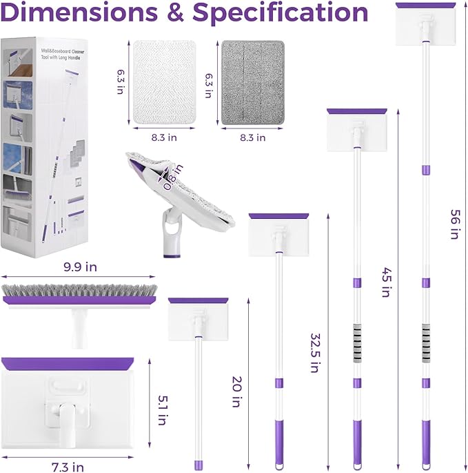 Baseboard Cleaner Tool with Handle 2.0, 60" Extendable Long Handle, Dust Trapping and Locking, 5 Reusable Pads, Purple Base Boards Cleaning Tool for Moldings, Wall, Floor, Bathroom, Kitchen