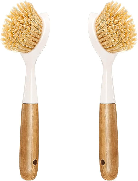 2 Pack Kitchen Dish Brush Bamboo Handle Dish Scrubber Built-in Scraper, Scrub Brush for Pans, Pots, Kitchen Sink Cleaning, Dishwashing and Cleaning Brushes are Perfect Cleaning Tools, White