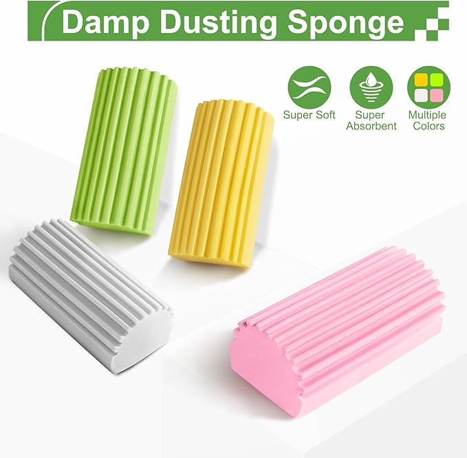 4-Pack Damp Clean Duster Sponge, Sponge Cleaning Brush, Duster for Cleaning Blinds, Glass, Baseboards, Vents, Railings, Mirrors, Window Track Grooves and Faucets, Gray and Yellow