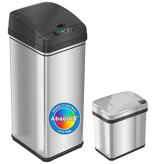iTouchless 13 Gallon and 2.5 Gal Sensor Kitchen Trash Can with Lid and Bathroom Trashcan Combo Set, Stainless Steel Garbage Recycling Bins with Odor Filter for Home Office Garage Bedroom Living Room