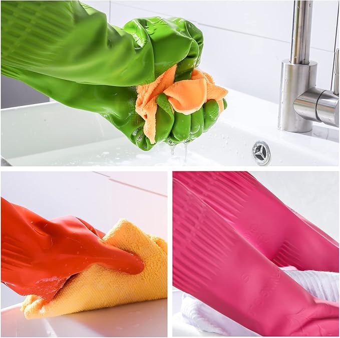 Rubber dishwashing gloves 3 or 6 Pairs for kitchen,Cleaning washing dish gloves long for household reuseable durable.