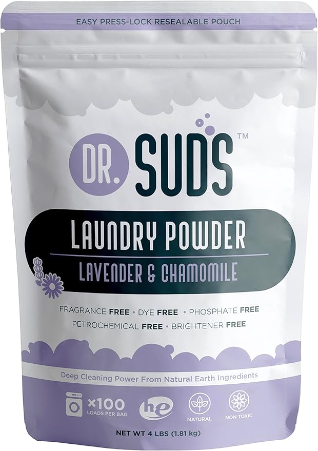 Dr Suds Natural Laundry Detergent Powder 4 Lbs 100+ Loads Skin Friendly with Lavender Chamomile Made with Natural Earth Minerals Made in USA