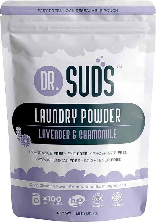 Dr Suds Natural Laundry Detergent Powder 4 Lbs 100+ Loads Skin Friendly with Lavender Chamomile Made with Natural Earth Minerals Made in USA