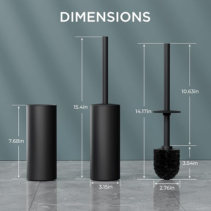 FORIOUS Toilet Brush and Holder Set Black, Heavy Duty 304 Stainless Steel Base and Long Handle Toilet Bowl Cleaners Brush, for Bathroom Storage and Organization, 2 Brush Head